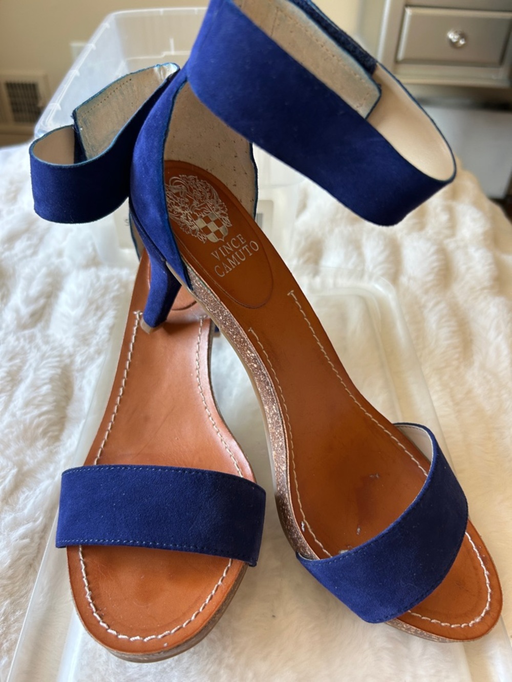 Vince Camuto Cobalt Blue Suede Ankle-Strap low heel